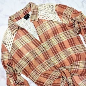 Rue21 Coral Plaid Tie Front Button Down Top